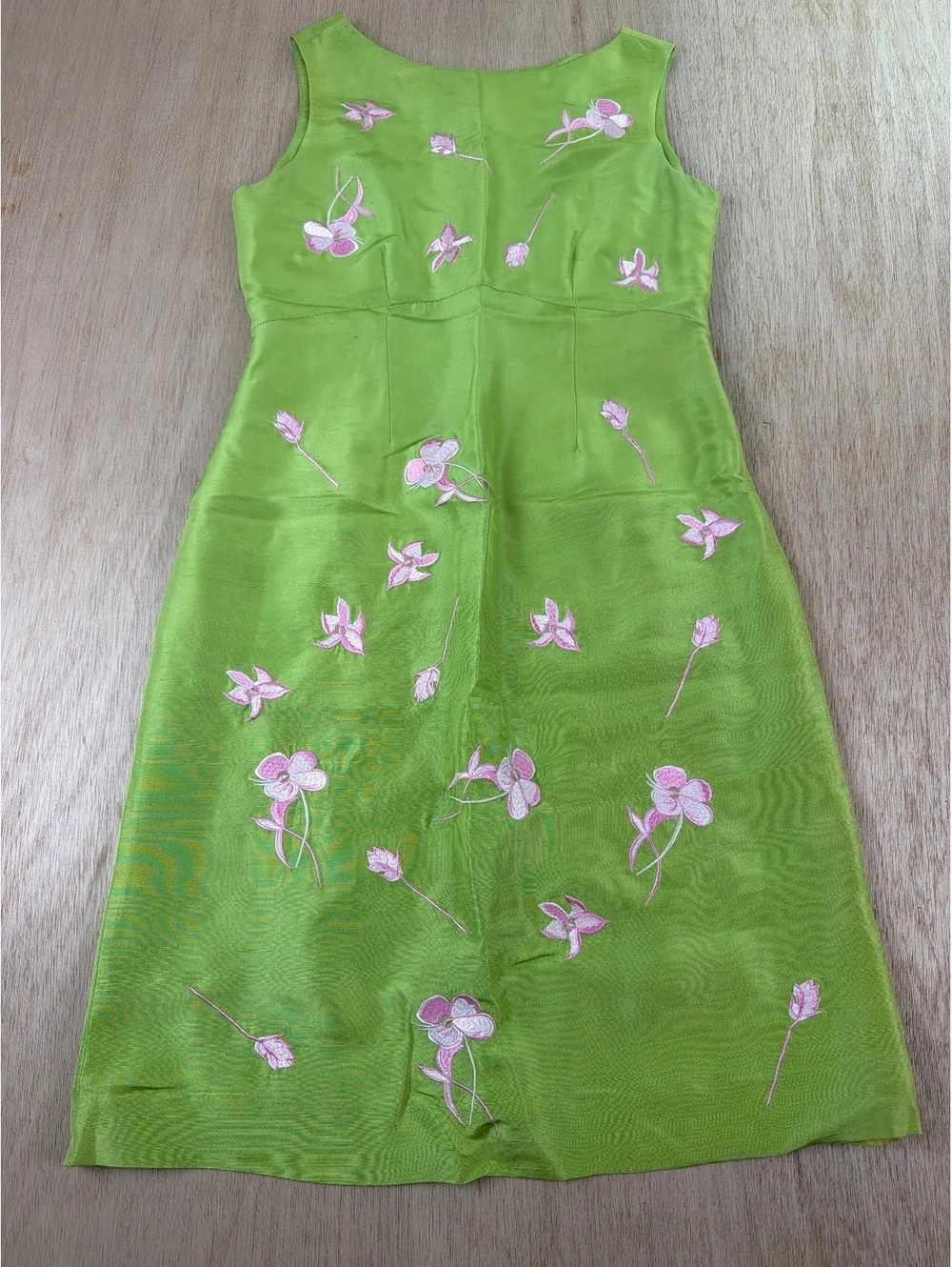 Tibi Hyland Silk Embroidered Sleeveless Shift Dress Green Pink Floral Size 8
